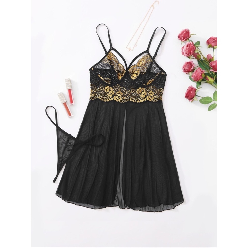 New Sexy Sheer Black & Gold Lace Babydoll Slips - Picture 1 of 4